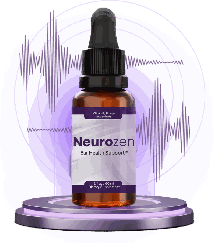 A 2 fl oz amber dropper bottle of Neurozen ear health support drops
